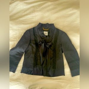 Moschino black silk jacket, lace inlay, bracelet length sleeve, tie closure, 8